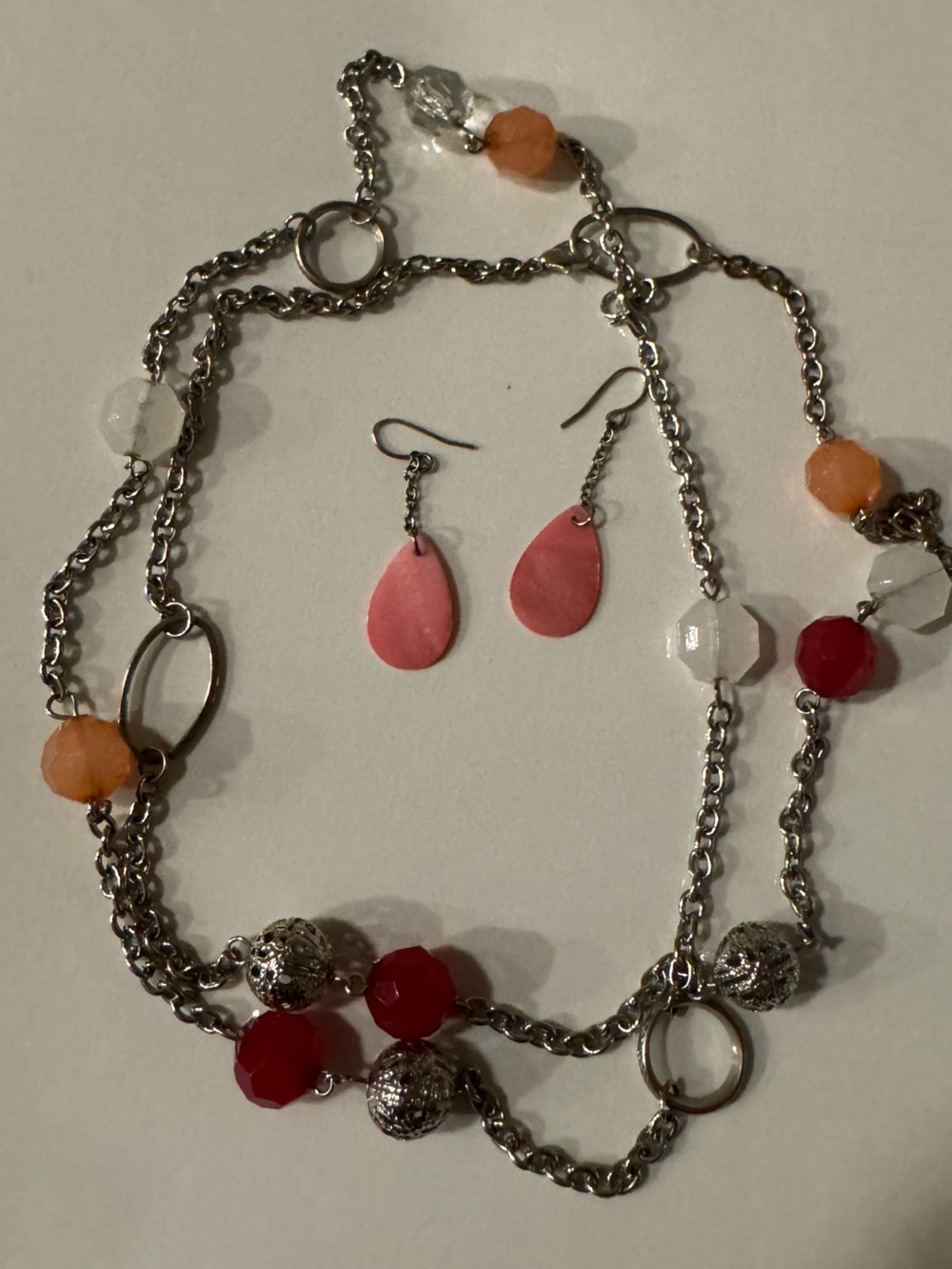 Silver Chain Necklace and Pink Teardrop Earrings Set
